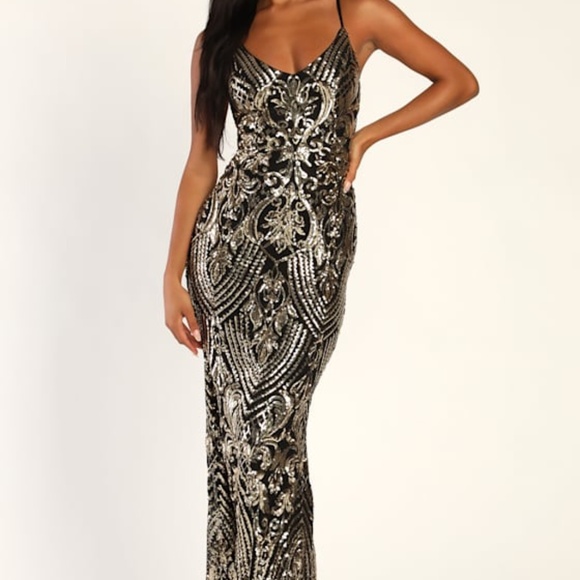 Lulus Truly Alluring Black And Gold Sequin Mermaid Maxi Dress - Size M - Picture 1 of 1
